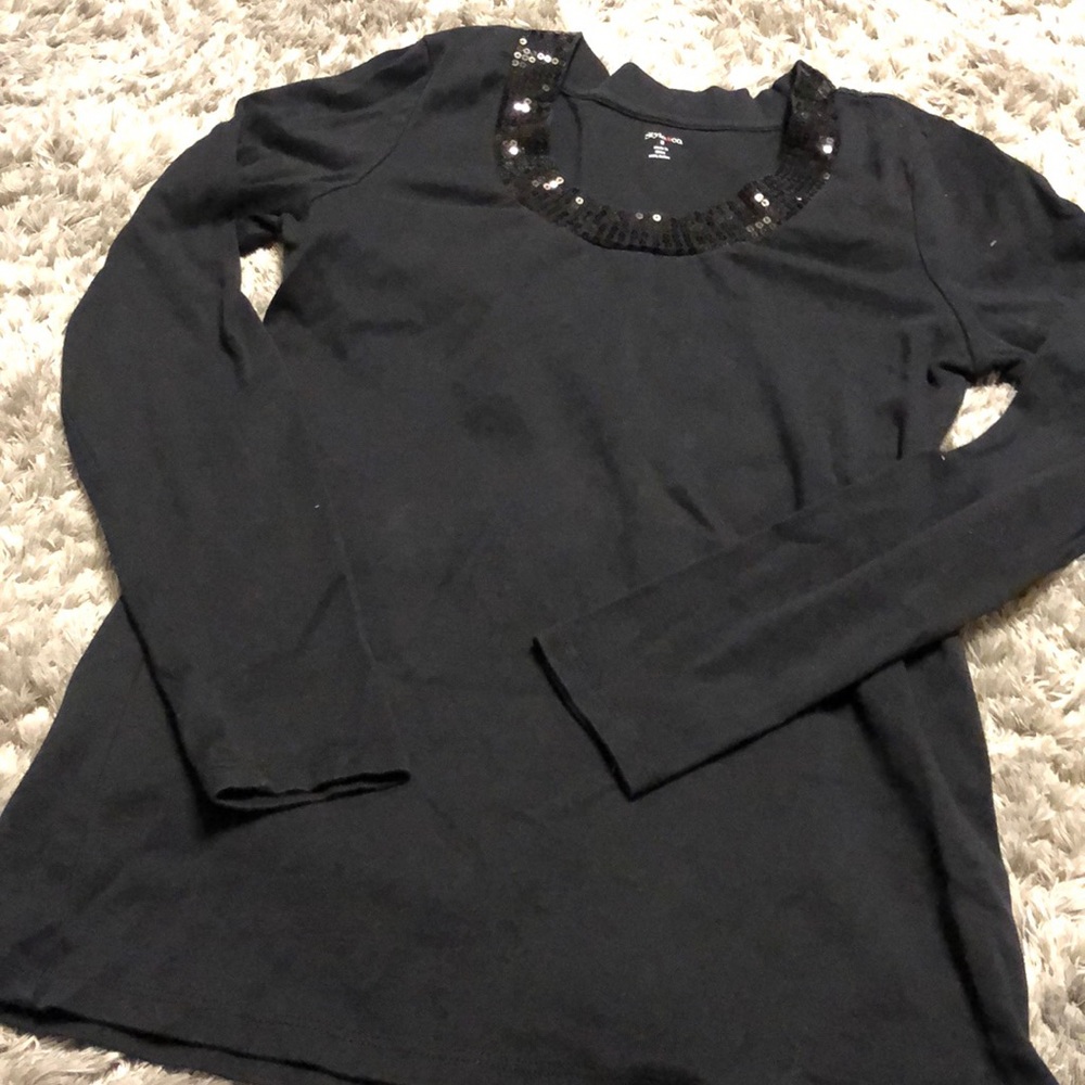 Style & Co Womens Long Sleeve Fitted Blouse Sequined Neckline Black Small